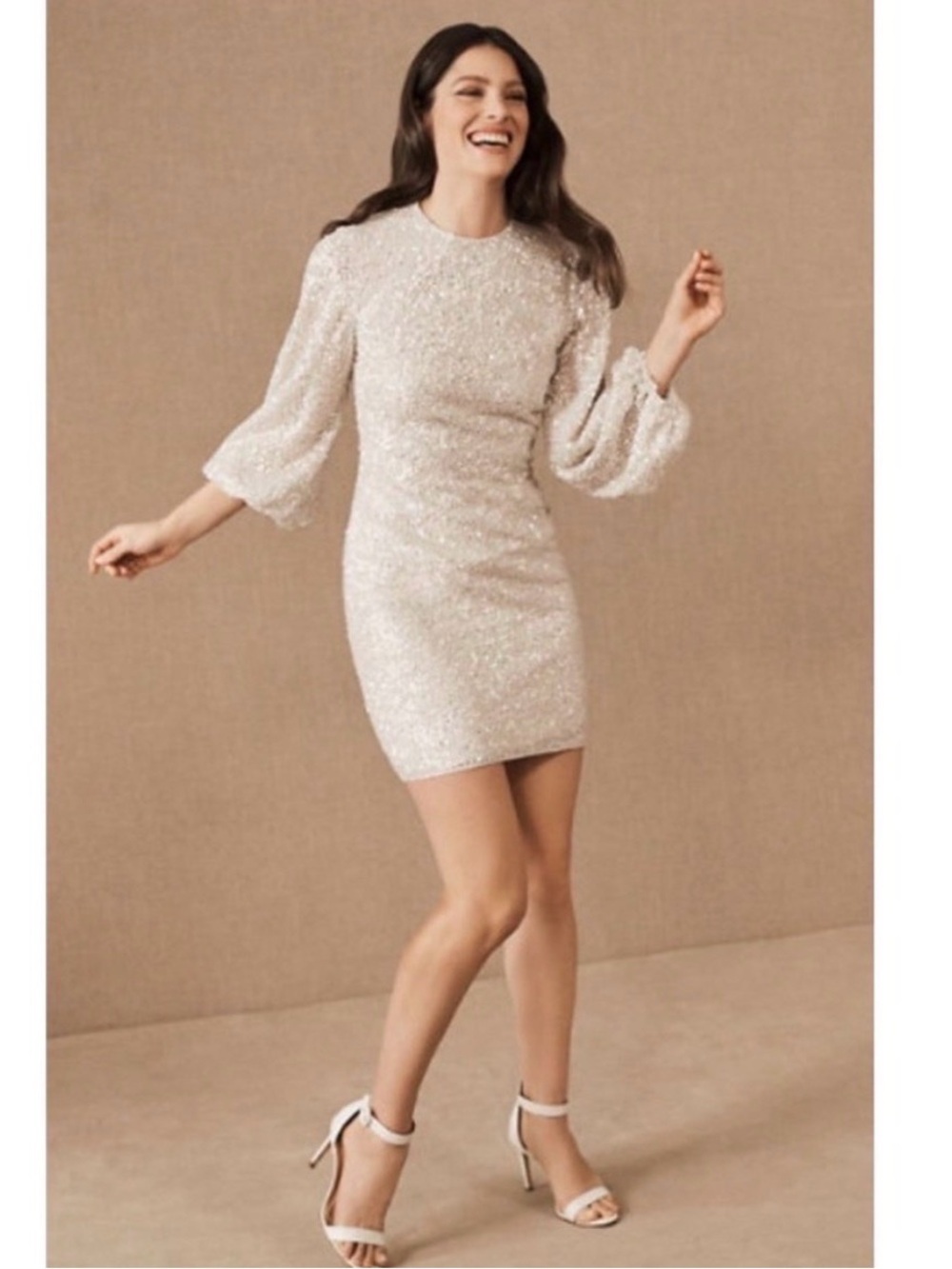 BHLDN Goldie Sequin Longsleeve Ivory White Mini Dress Size 8